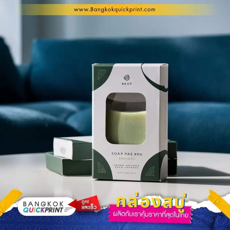 กล่องสบู่สีขาวเขียว เจาะช่องหน้าต่างพร้อมติดฟิล์มใส พร้อมพิมพ์โลโก้ BKKQP