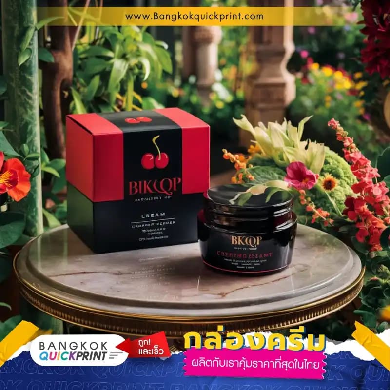 รับพิมพ์กล่องครีมเชอร์รี่สีดำแดง กางออกไม่เกิน A5 พิมพ์แบรนด์ BKKQP พร้อมเคลือบลามิเนตด้าน
