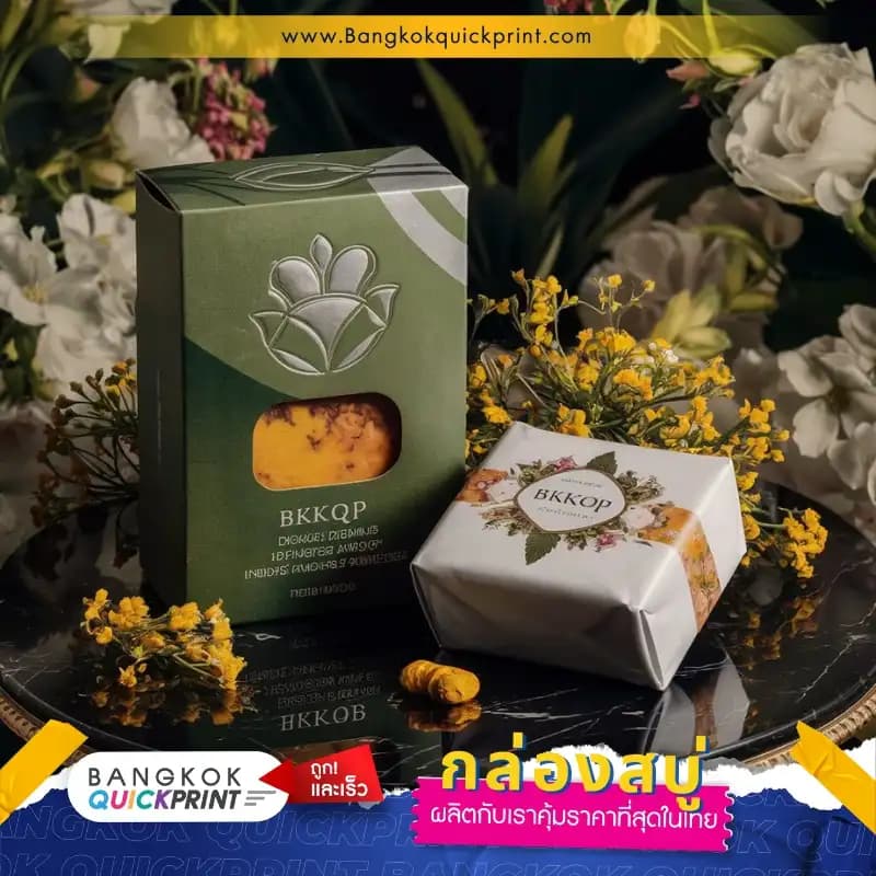 รับผลิตกล่องสบู่ราคาถูก พิมพ์สีเขียว พิมพ์แบรนด์ BKKQP พิมพ์โลโก้ด้วยเทคนิคปั๊มจม และปั๊มเคเงิน พร้อมเจาะหน้าต่าง