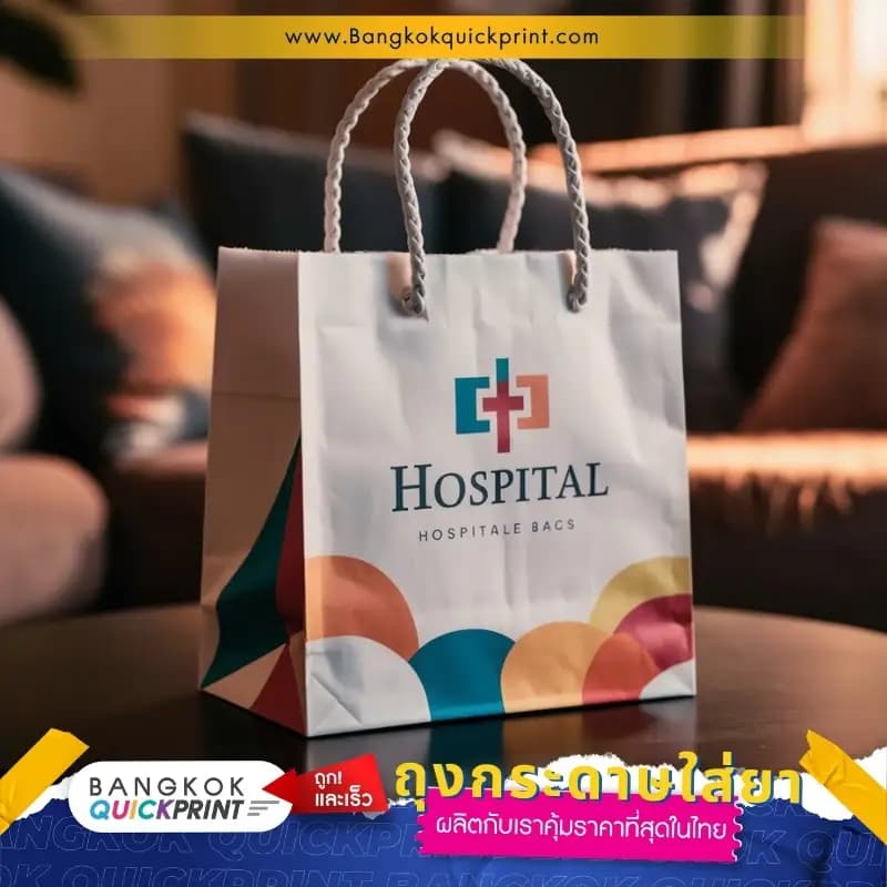 ถุงกระดาษใส่ยาสำเร็จรูป พิมพ์โลโก้ Hospital พร้อมเชือกหูหิ้วแบบเกลียวสีขาวคุณภาพดี ราคาคุ้มที่สุดในไทย