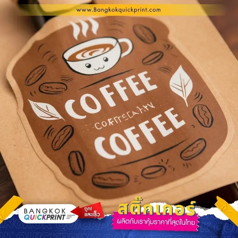 รับทำสติ๊กเกอร์กระดาษคราฟท์ เครื่องดื่มกาแฟ ออกแบบด้วยตัวการ์ตูนแก้วกาแฟ พร้อมตัวอักษรที่มีความสนุกสนาน