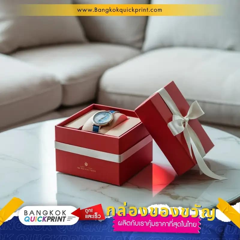 กล่องของขวัญ(Gift box packaging) ใส่นาฬิกาข้อมือ รูปแบบกล่องฝาครอบ ตัวกล่องใช้สีแดงพร้อมผูกโบว์สีขาว
