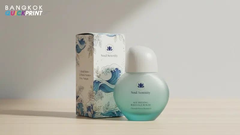 เซรั่มขวดกลมแบนสีเขียวมิ้นต์พร้อมกล่องลายคลื่นญี่ปุ่นของแบรนด์ Soul Serenity