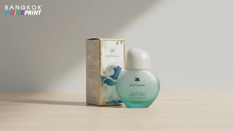 ผลิตภัณฑ์เซรั่ม Soul Serenity กับกล่องลายคลื่นแต่งกรอบทอง ให้ความรู้สึกพรีเมียม
