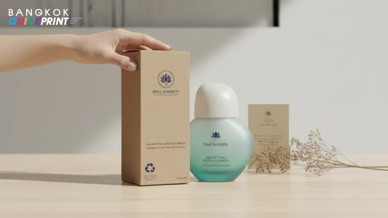 กล่องคราฟท์แบรนด์ Soul Serenity สไตล์มินิมอล มีสัญลักษณ์รีไซเคิล ถ่ายคู่ขวดเซรั่มและการ์ดคำขอบคุณ