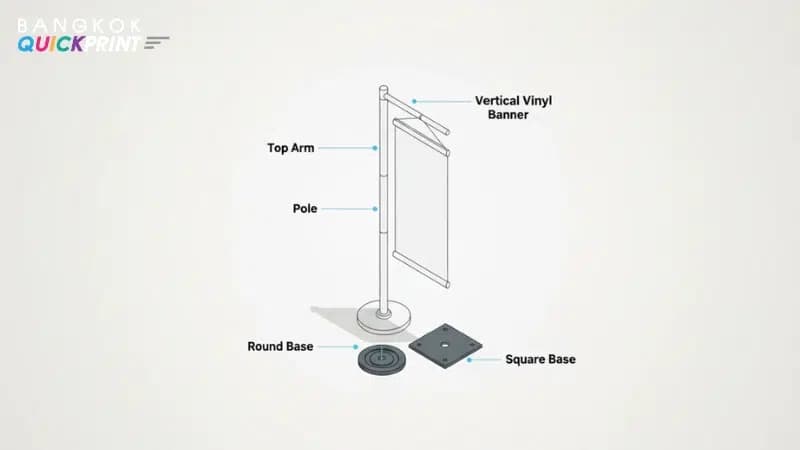 ไดอะแกรมส่วนประกอบป้ายธงญี่ปุ่น แสดง Pole, Top Arm, Vertical Vinyl Banner และฐานแบบกลม/สี่เหลี่ยม