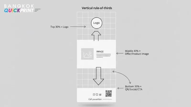 อินโฟกราฟิก “Vertical rule-of-thirds” สำหรับจัดวางป้ายธงญี่ปุ่น แบ่งโซนโลโก้ ข้อเสนอ/รูปสินค้า และ CTA พร้อมไอคอนโซเชียล/QR