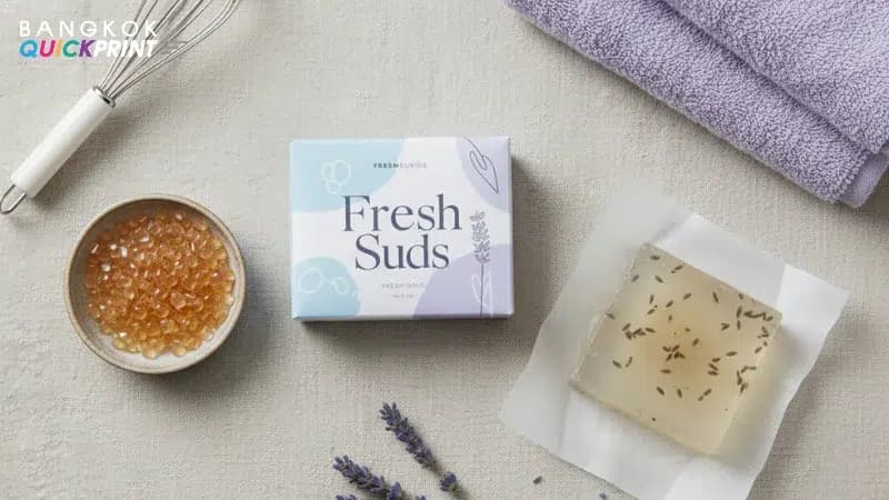 กล่องสบู่ “Fresh Suds” โทนพาสเทลฟ้า–ม่วง วางคู่สบู่ใสฝังสมุนไพรและก้านลาเวนเดอร์บนผ้าสีอ่อน