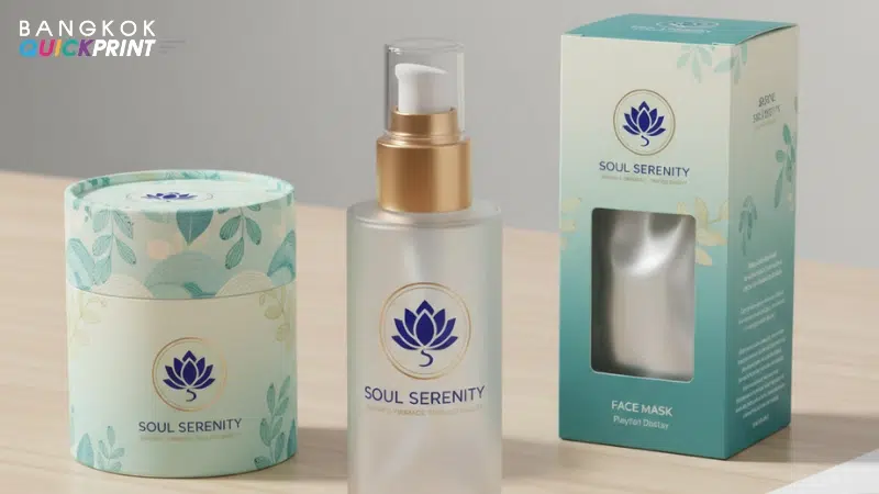 ชุดแพ็กเกจจิ้งสกินแคร์ Soul Serenity ขวดปั๊มฝาทอง พร้อมกล่องไดคัทหน้าต่างและกระบอกกระดาษลายพืชสีพาสเทล