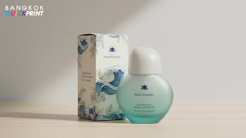 เซรั่มขวดกลมแบนสีเขียวมิ้นต์พร้อมกล่องลายคลื่นญี่ปุ่นของแบรนด์ Soul Serenity