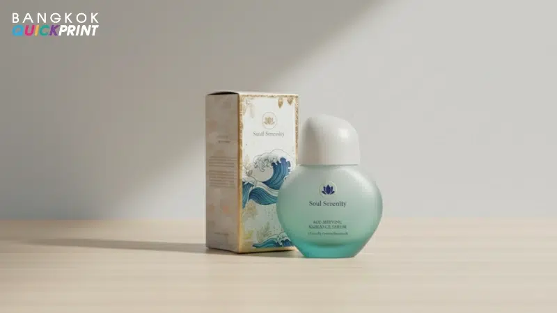 ผลิตภัณฑ์เซรั่ม Soul Serenity กับกล่องลายคลื่นแต่งกรอบทอง ให้ความรู้สึกพรีเมียม