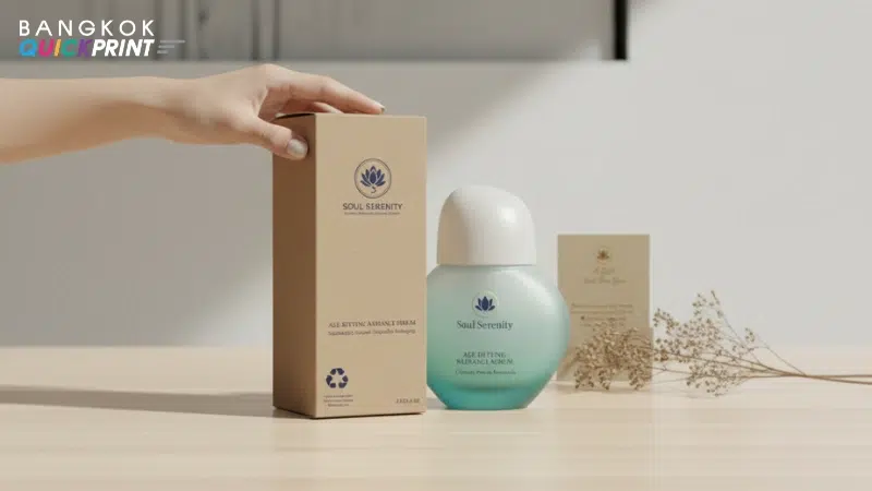 กล่องคราฟท์แบรนด์ Soul Serenity สไตล์มินิมอล มีสัญลักษณ์รีไซเคิล ถ่ายคู่ขวดเซรั่มและการ์ดคำขอบคุณ