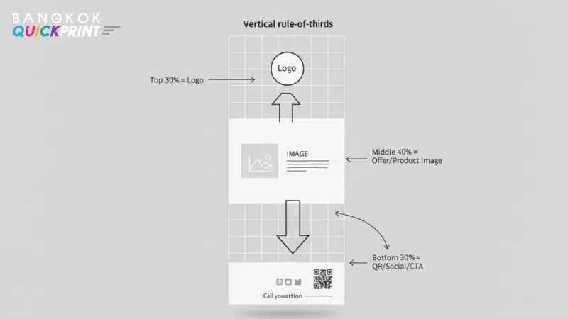 อินโฟกราฟิก “Vertical rule-of-thirds” สำหรับจัดวางป้ายธงญี่ปุ่น แบ่งโซนโลโก้ ข้อเสนอ/รูปสินค้า และ CTA พร้อมไอคอนโซเชียล/QR
