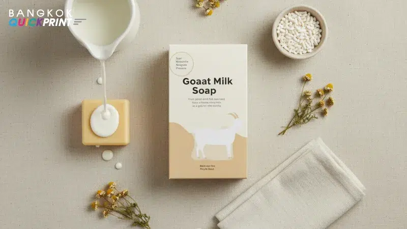 กล่อง “Goaat Milk Soap” โทนเบจขาว มุมมองจากด้านบน พร้อมนมเทลงบนสบู่ กิ่งดอกไม้แห้งและผ้าสีอ่อนวางประกอบ