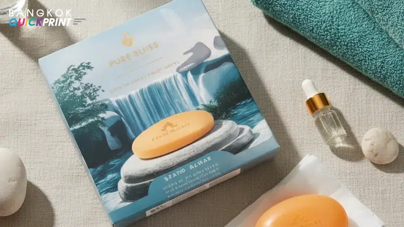 กล่องสบู่ “PURE BLISS” พิมพ์ภาพน้ำตกโทนฟ้า–เขียว วางคู่สบู่สีส้มและขวดดรอปเปอร์บนฉากสปา